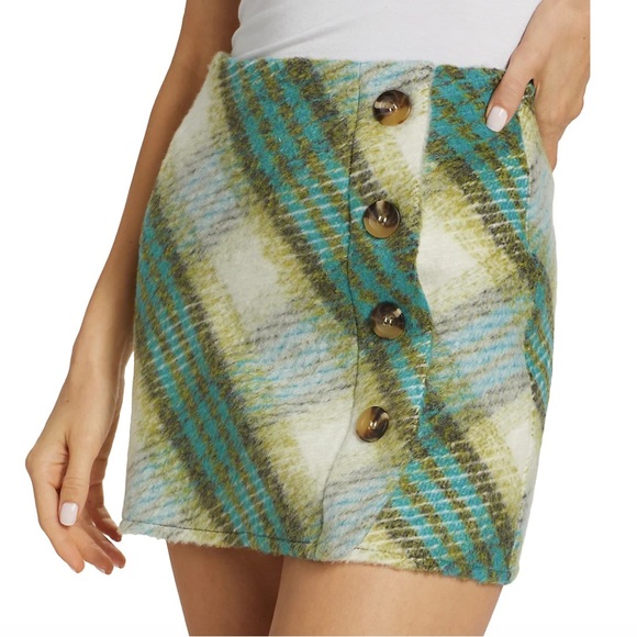 Y2K En Saison Size Blue Green and White Plaid Illusion Wrap Mini Skirt - Picture 5 of 10